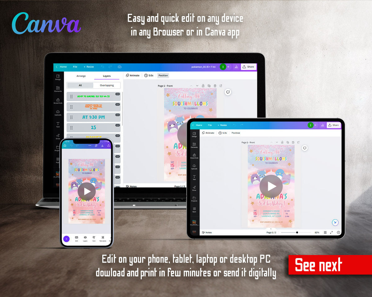 Squishmallows Rainbow Glitter Squish Row Video Birthday Invitation | Animated Evite | Editable Canva