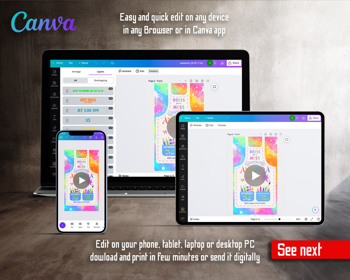 Art Dress For A Mess Tie Dye Apron Video Birthday Invitation | Animated Evite | Editable Canva