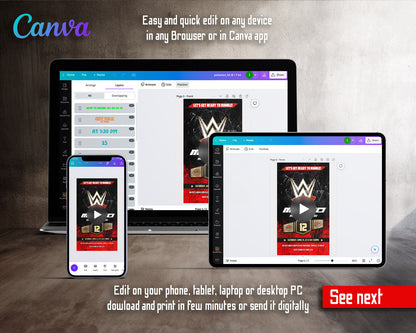 Wrestling WWE WrestleMania Belt Red Black Video Birthday Invitation | Animated Evite | Editable Canva