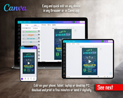 Bowling Strike Up Neon Alley Video Birthday Invitation | Animated Evite | Editable Canva