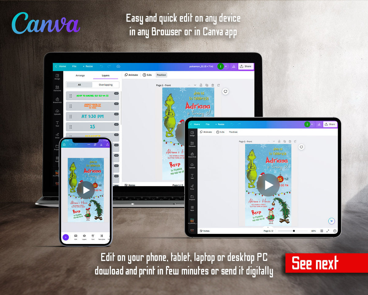 The Grinch Merry Grinchmas Snowy Max Cindy Lou Video Birthday Invitation | Animated Evite | Editable Canva