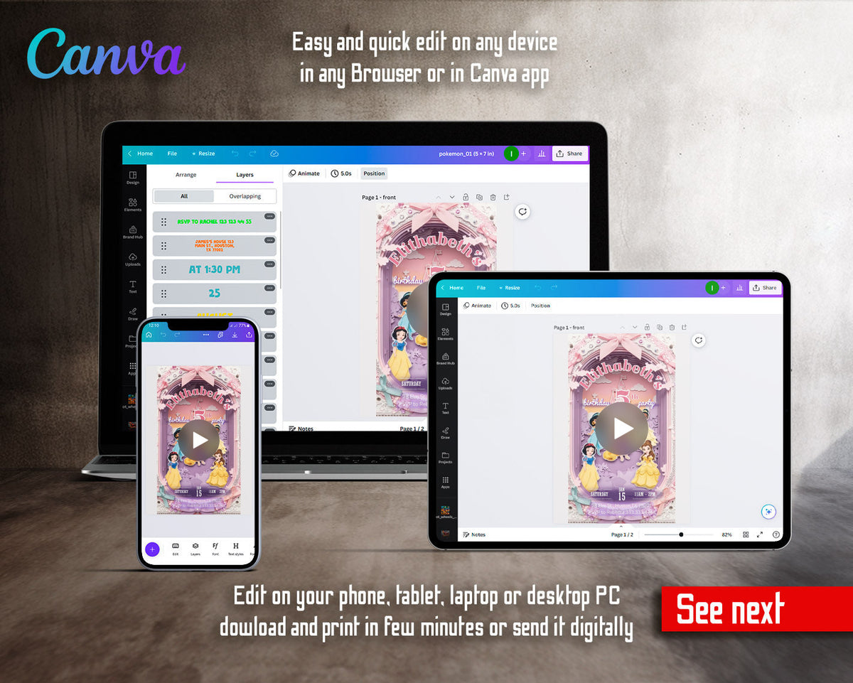 Disney Princess Paper Cut Castle Video Birthday Invitation | Animated Evite | Editable Canva