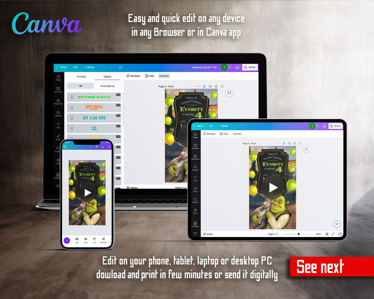 Shrek Gold Frame Donkey Video Birthday Invitation | Animated Evite | Editable Canva