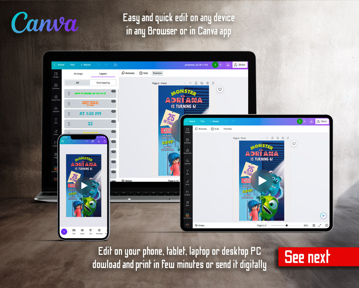 Monsters, Inc. Bedroom Door Sulley Video Birthday Invitation | Animated Evite | Editable Canva