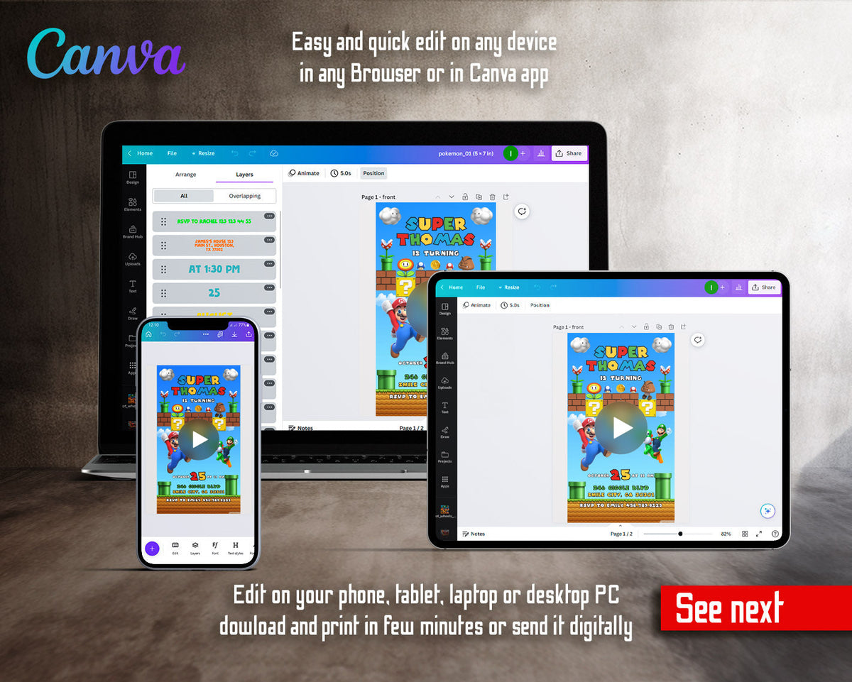 Super Mario Bros Blue Sky Goomba Blocks Video Birthday Invitation | Animated Evite | Editable Canva