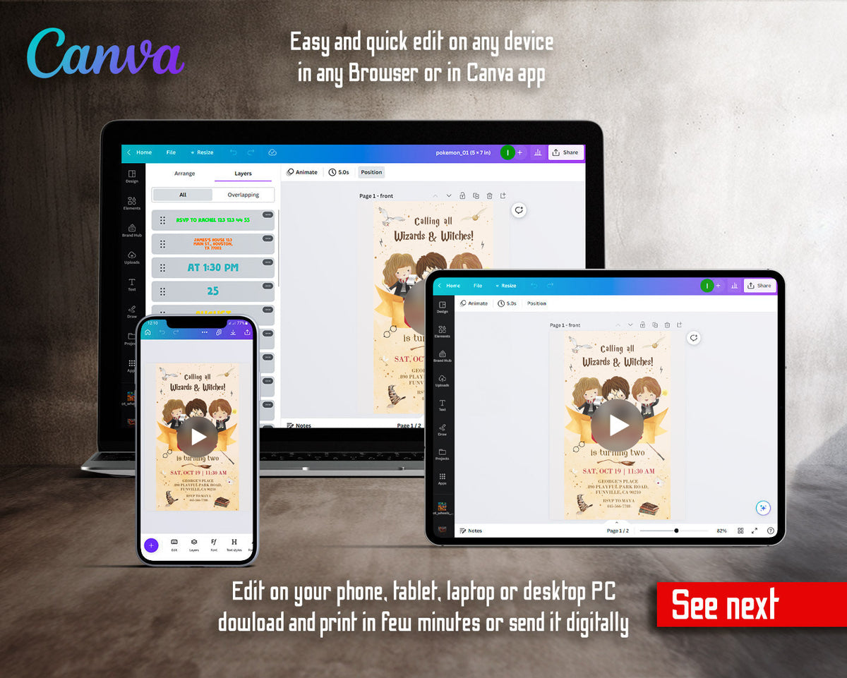 Harry Potter Chibi Trio Gold Banner Video Birthday Invitation | Animated Evite | Editable Canva