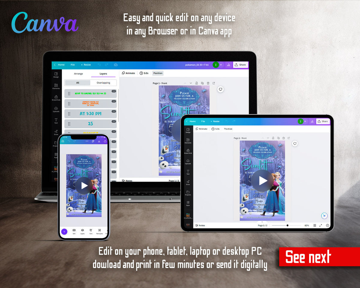 Frozen Elsa Ornate Ice Frame Waterfall Video Birthday Invitation | Animated Evite | Editable Canva
