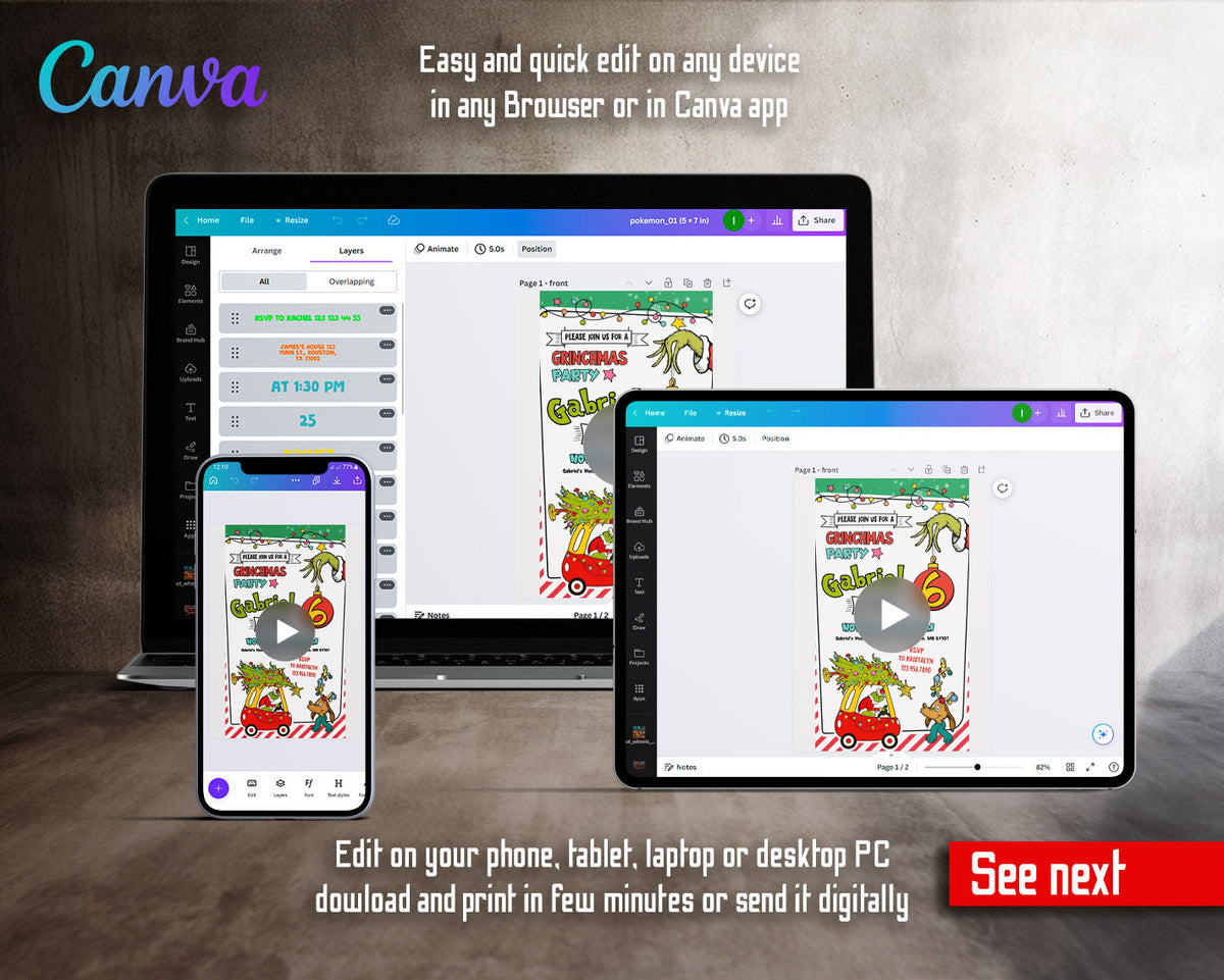 The Grinch Merry Grinchmas Max Wagon Tree Sleigh Video Birthday Invitation | Animated Evite | Editable Canva