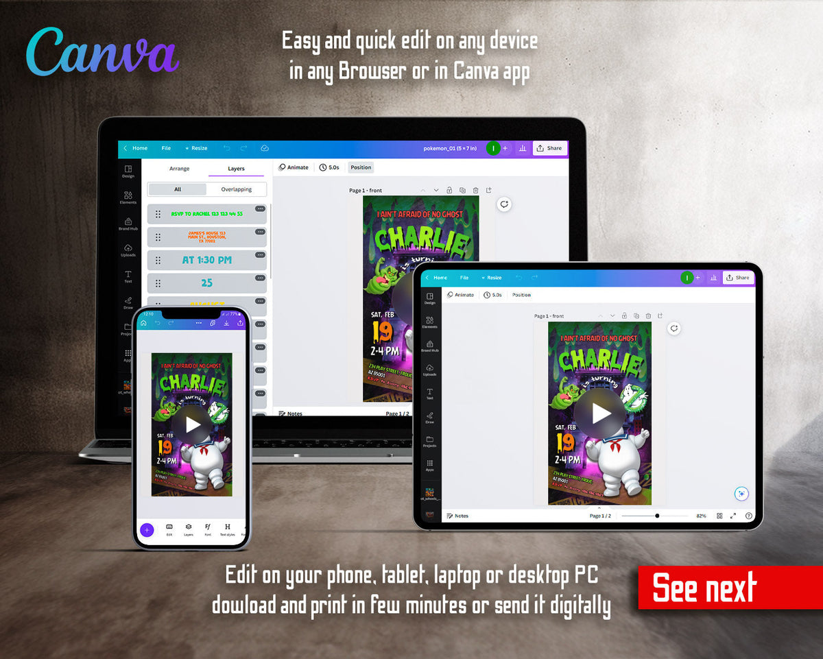 Ghostbusters Firehouse Slimer Stay Puft Video Birthday Invitation | Animated Evite | Editable Canva