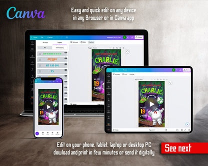 Ghostbusters Firehouse Slimer Stay Puft Video Birthday Invitation | Animated Evite | Editable Canva