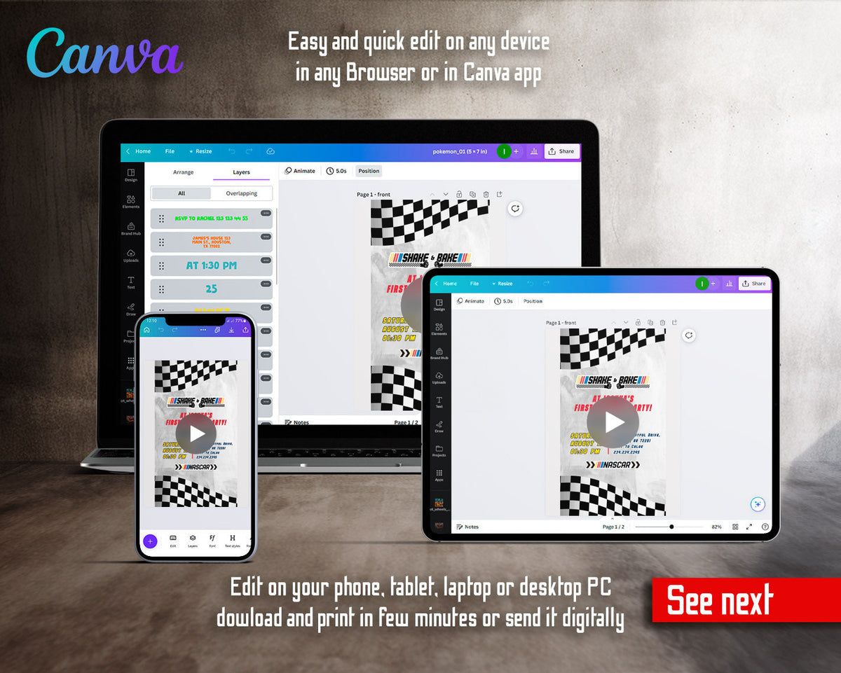 Nascar Racing Ricky Bobby Light Gray Shake Bake Video Birthday Invitation | Animated Evite | Editable Canva