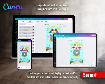 Baby Shark Cartoon Beach Sharks Video Birthday Invitation | Animated Evite | Editable Canva