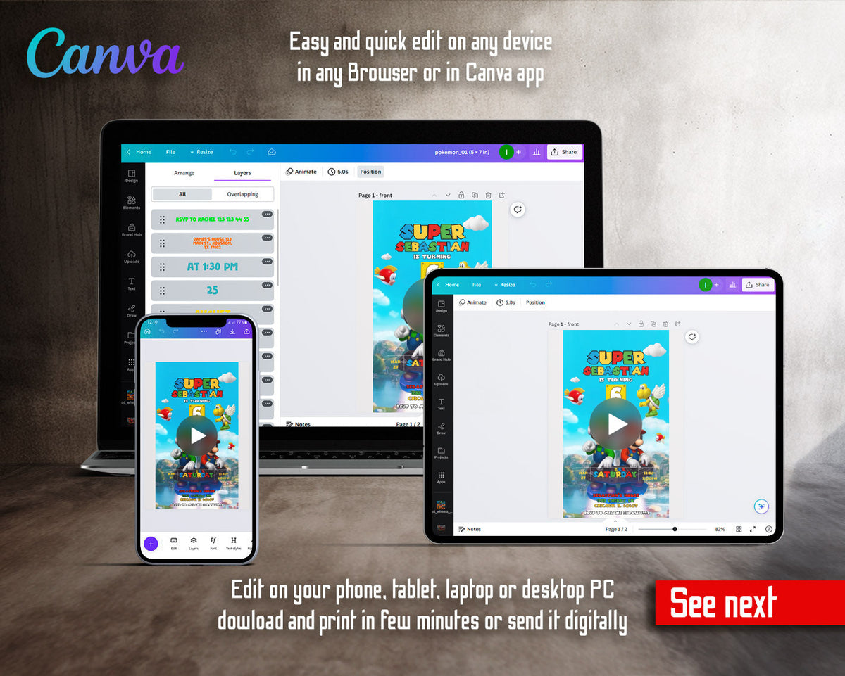 Super Mario Bros DJ Luigi Headphones Video Birthday Invitation | Animated Evite | Editable Canva