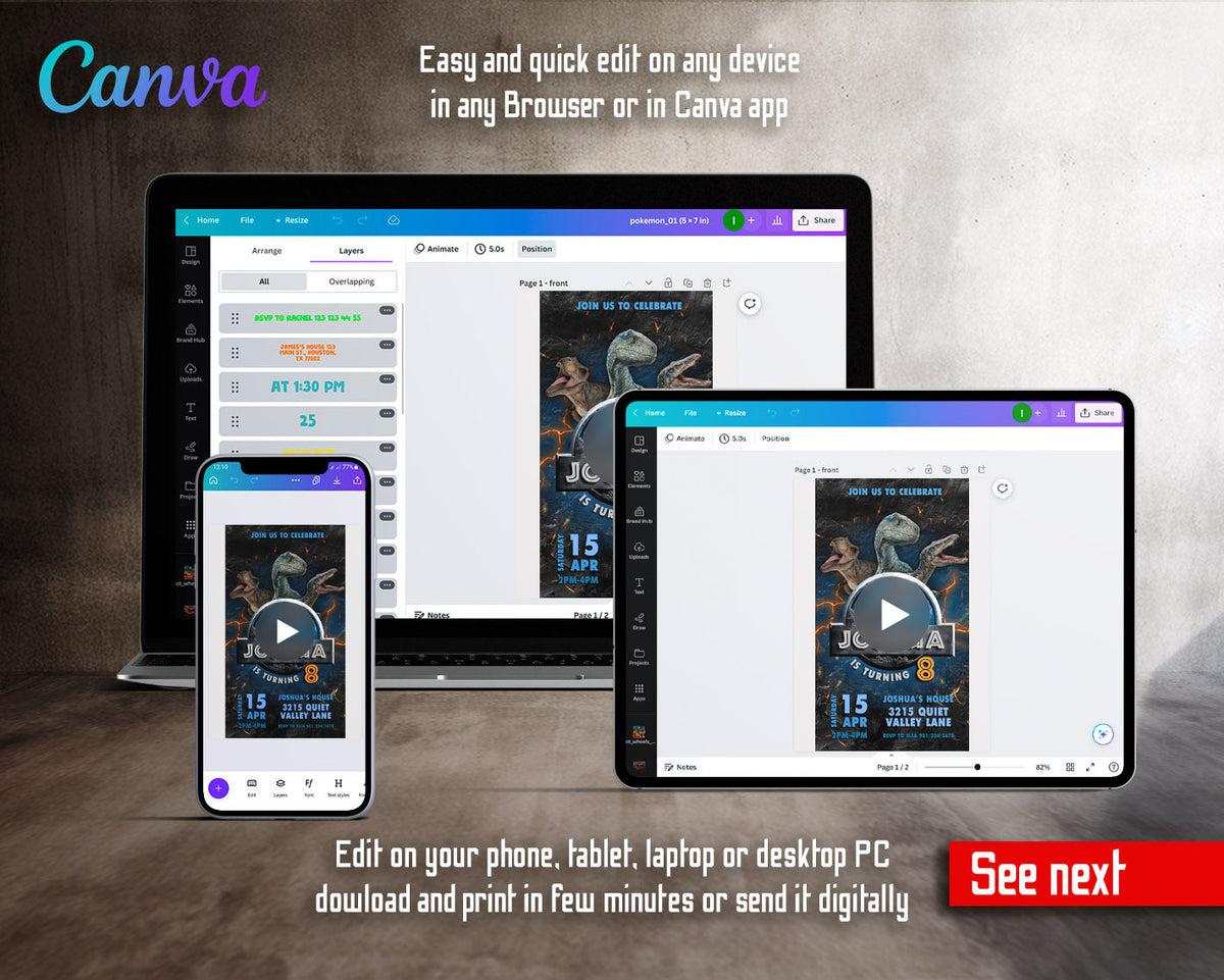 Jurassic World Dinosaur Blue Raptor Lava Cracks Video Birthday Invitation | Animated Evite | Editable Canva