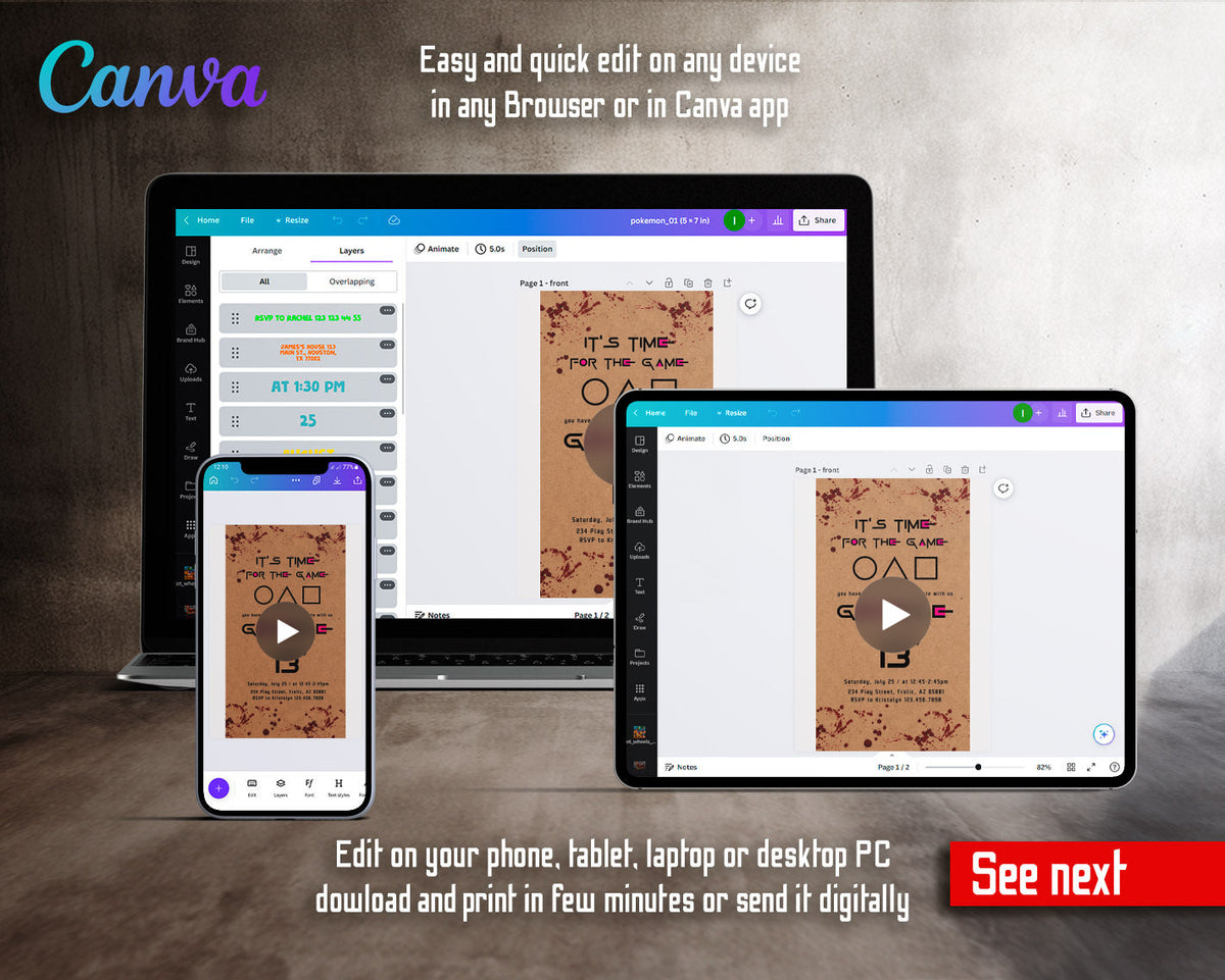 Squid Game Kraft Paper Blood Splatter Video Birthday Invitation | Animated Evite | Editable Canva