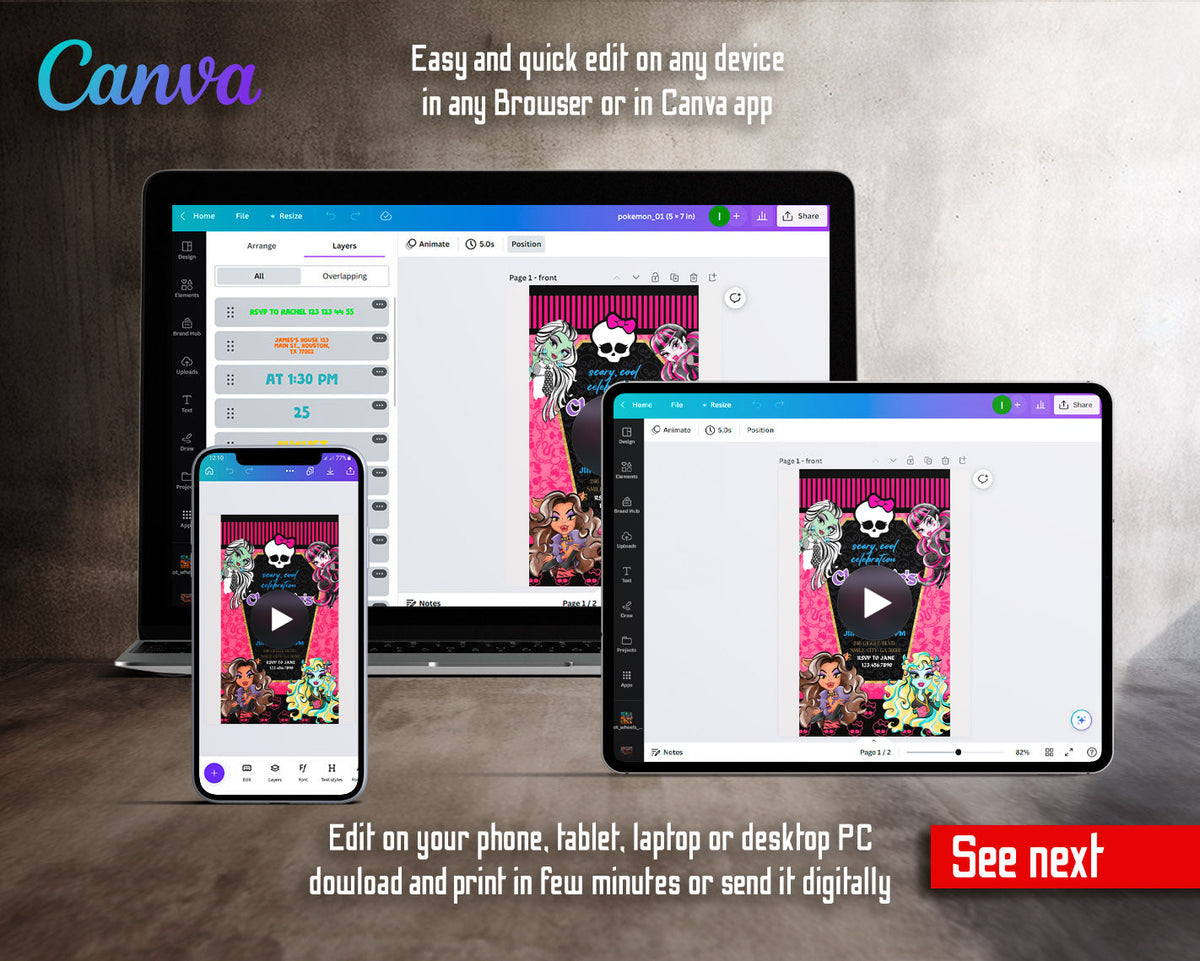 Monster High Coffin Frame Purple Name Video Birthday Invitation | Animated Evite | Editable Canva