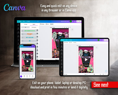 Monster High Coffin Frame Purple Name Video Birthday Invitation | Animated Evite | Editable Canva