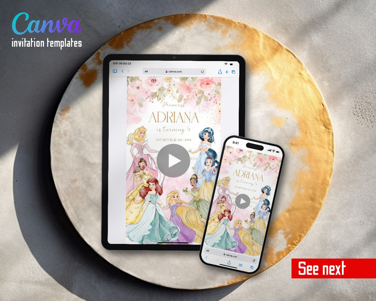 Disney Princess Pink Watercolor Princesses Video Birthday Invitation | Animated Evite | Editable Canva