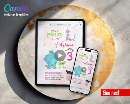 Monsters, Inc. Pink Watercolor Sulley Mike Video Birthday Invitation | Animated Evite | Editable Canva