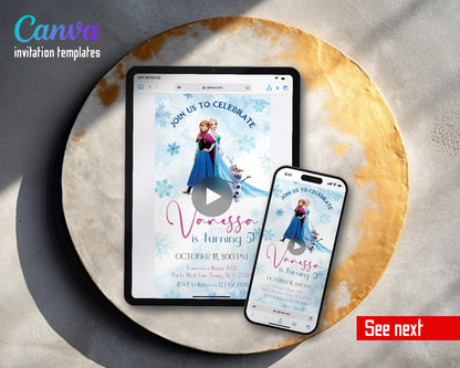 Frozen Elsa Snowflake Sisters Watercolor Video Birthday Invitation | Animated Evite | Editable Canva