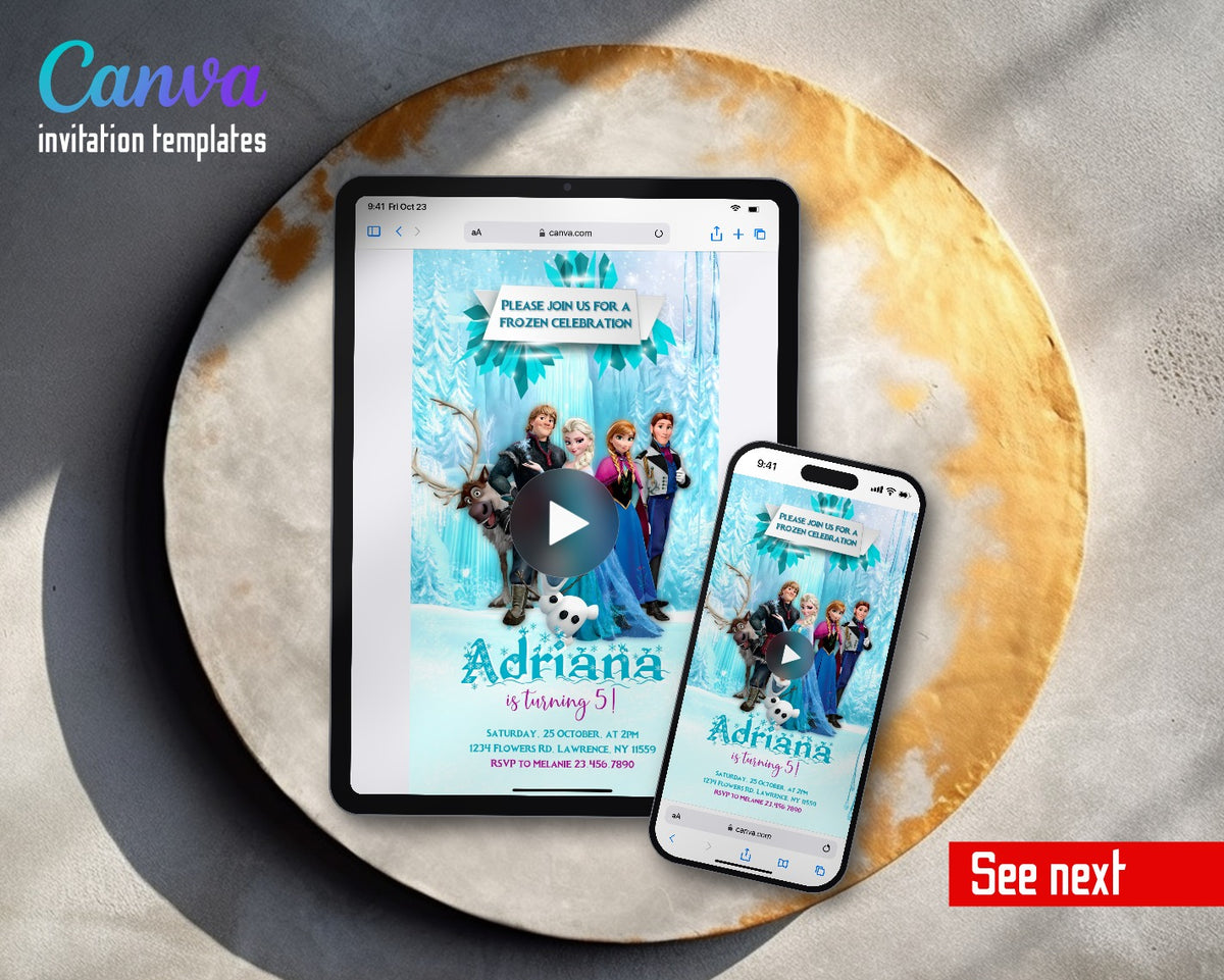 Frozen Elsa Icy Gang Video Birthday Invitation | Animated Evite | Editable Canva