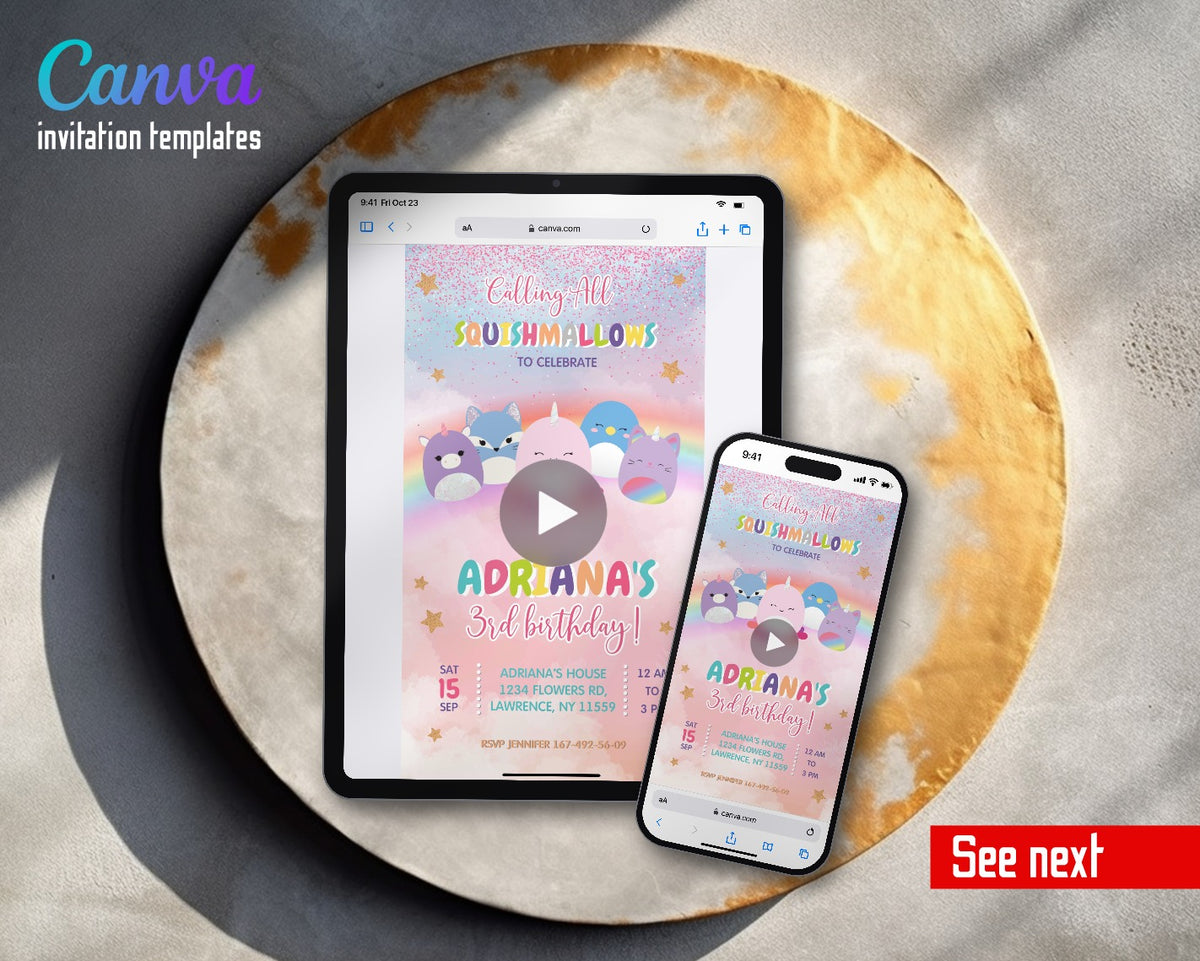 Squishmallows Rainbow Glitter Squish Row Video Birthday Invitation | Animated Evite | Editable Canva