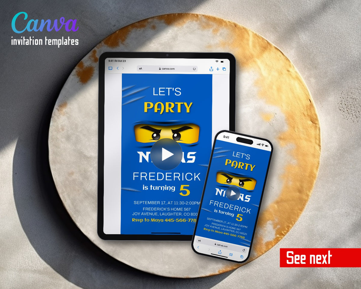 Ninjago Minifigures Lego Blue Ninja Eyes Video Birthday Invitation | Animated Evite | Editable Canva