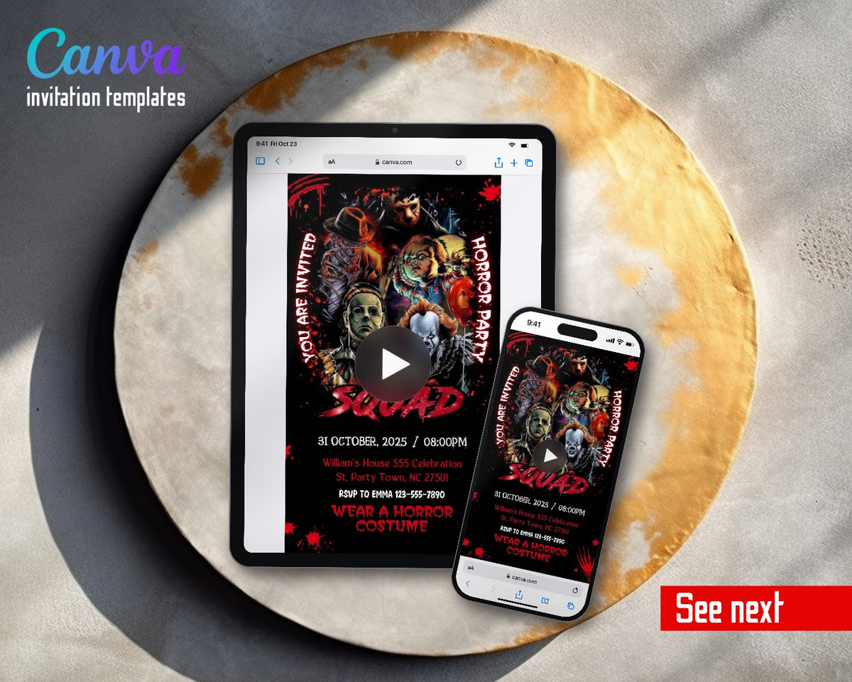 Horror Killer Movie Party Squad Circle Video Birthday Invitation | Animated Evite | Editable Canva