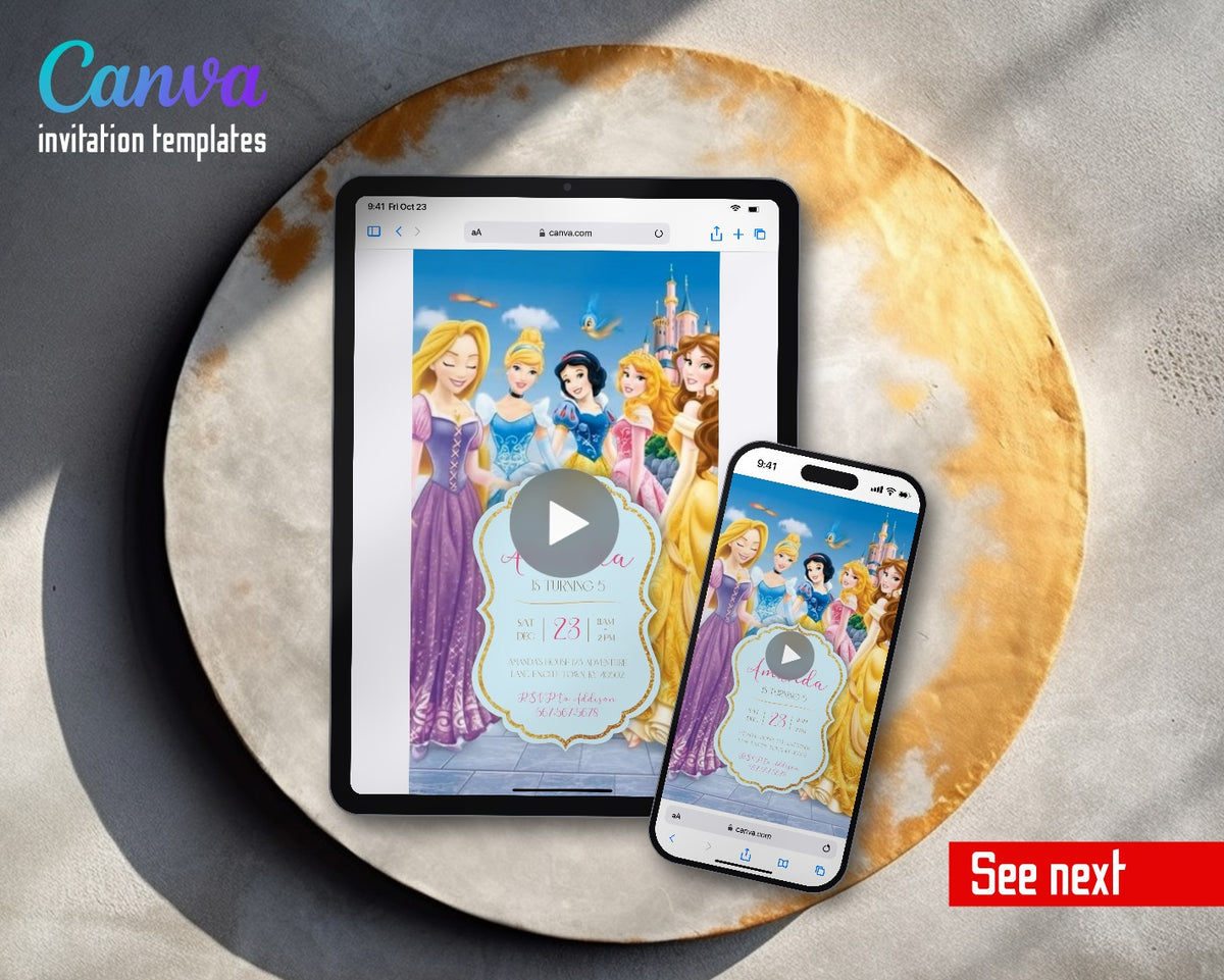 Disney Princess Blue Frame Close Up Video Birthday Invitation | Animated Evite | Editable Canva
