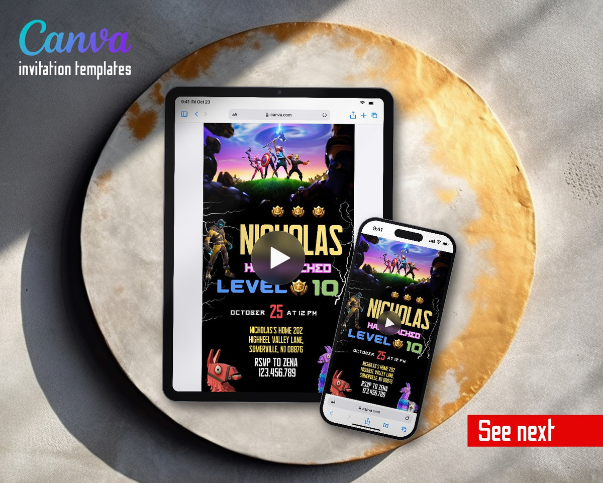 Fortnite Gamer Level Up Battle Heroes Video Birthday Invitation | Animated Evite | Editable Canva