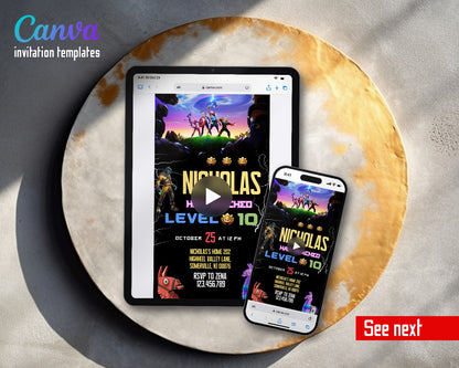 Fortnite Gamer Level Up Battle Heroes Video Birthday Invitation | Animated Evite | Editable Canva
