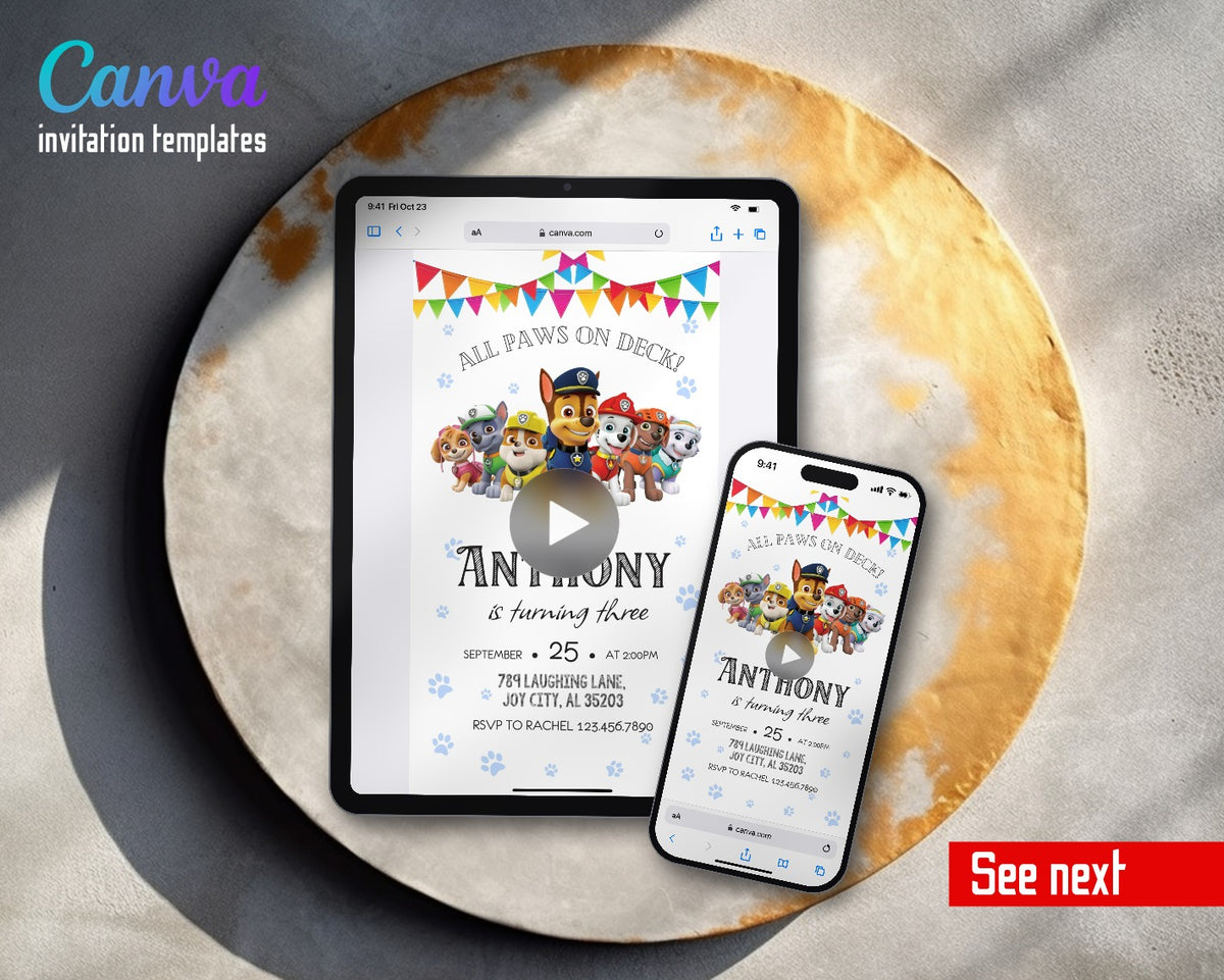 PAW Patrol White Print Bunting Video Birthday Invitation | Animated Evite | Editable Canva