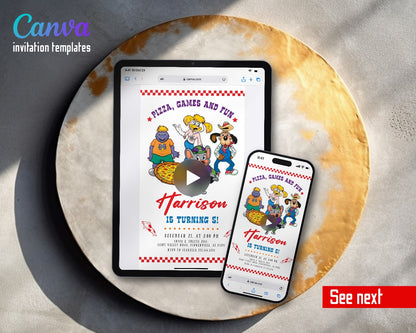 Chuck E. Cheese Checkered Pizza Gang Video Birthday Invitation | Animated Evite | Editable Canva