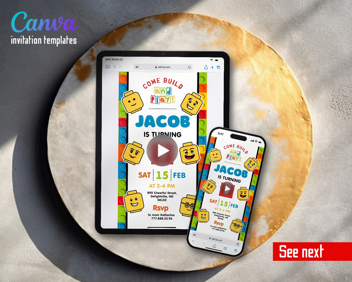 Lego Minifigures Minifigure Heads Border Video Birthday Invitation | Animated Evite | Editable Canva