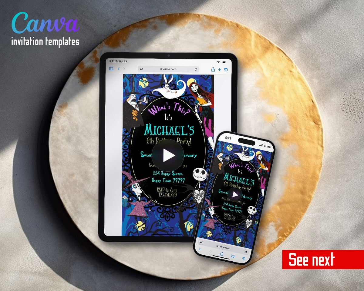 The Nightmare Before Christmas Halloween Blue Swirl Oval Frame Video Birthday Invitation | Animated Evite | Editable Canva