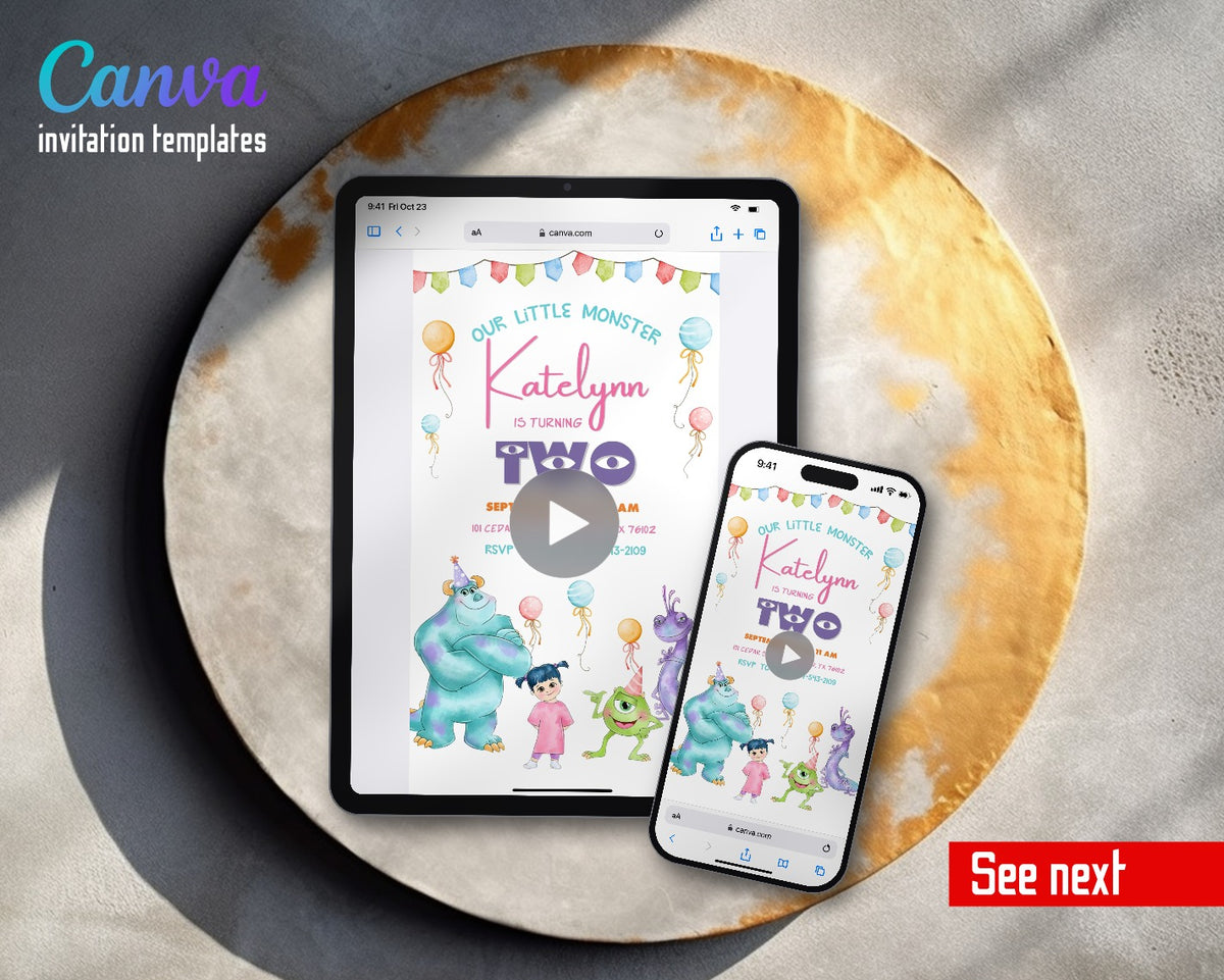 Monsters, Inc. Pastel Balloon Pajama Boo Video Birthday Invitation | Animated Evite | Editable Canva