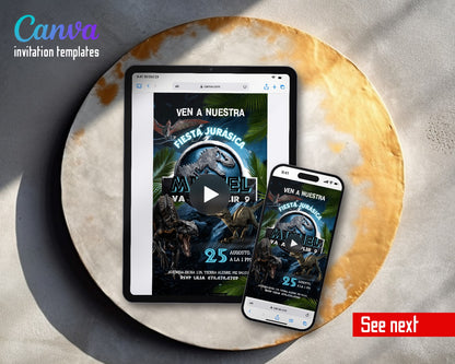 Jurassic Park Dinosaur Spanish Blue Logo Raptor Video Birthday Invitation | Animated Evite | Editable Canva