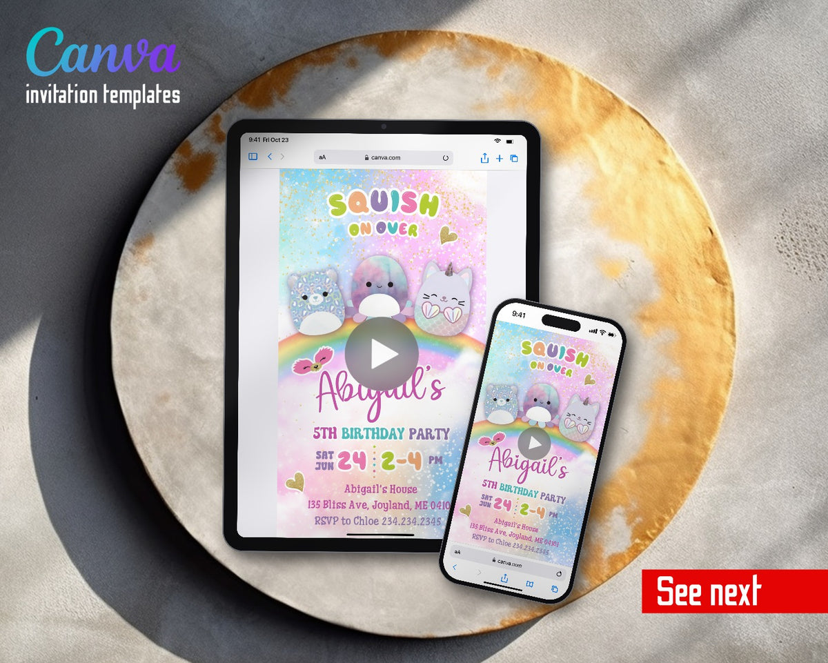 Squishmallows Rainbow Glitter Leopard Video Birthday Invitation | Animated Evite | Editable Canva