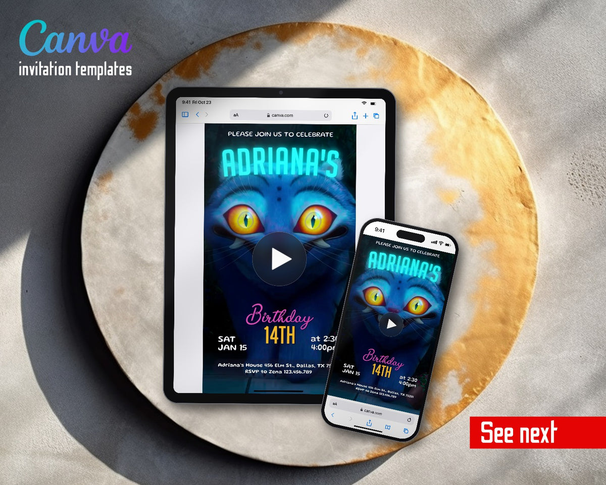 K-pop Demon Hunter Glowing Eyes Blue Cat Video Birthday Invitation | Animated Evite | Editable Canva