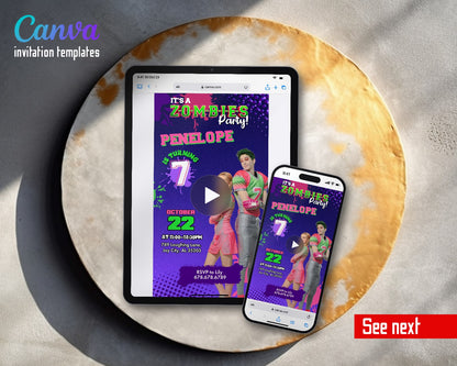 Zombies 3 Halloween Purple Splatter Couple Video Birthday Invitation | Animated Evite | Editable Canva