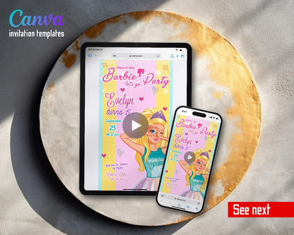 Barbie Pink Pastel Stripes Video Birthday Invitation | Animated Evite | Editable Canva