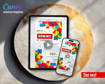 Lego Scattered Bright Bricks Video Birthday Invitation | Animated Evite | Editable Canva