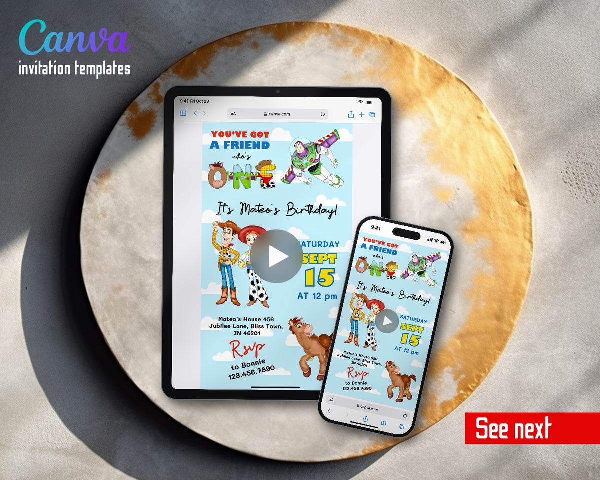 Toy Story Woody Buzz Lightyear Blue Sky Jessie Video Birthday Invitation | Animated Evite | Editable Canva