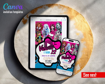 Monster High White Bubble Bow Argyle Video Birthday Invitation | Animated Evite | Editable Canva