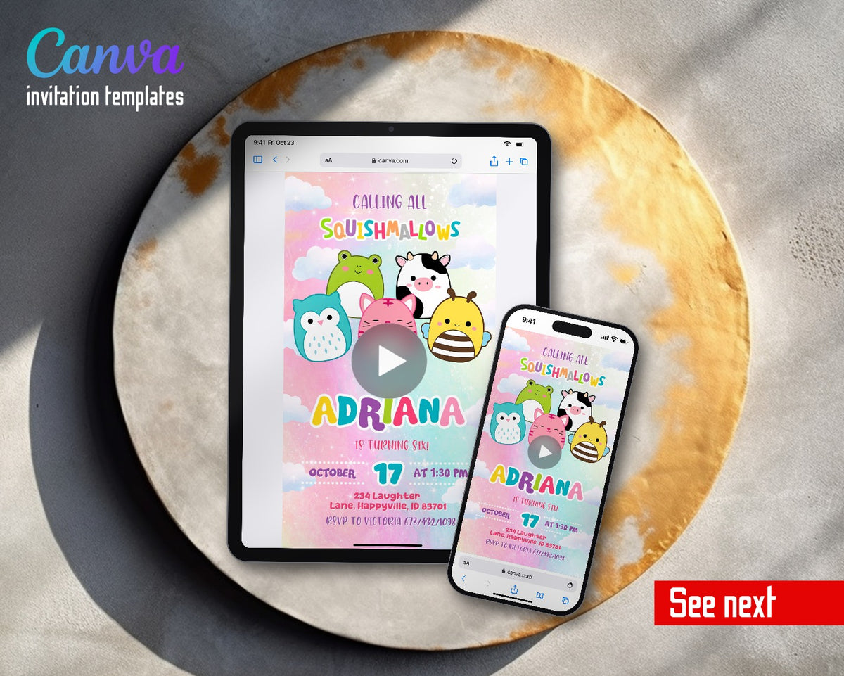 Squishmallows Frog Cow Bee Clouds Video Birthday Invitation | Animated Evite | Editable Canva