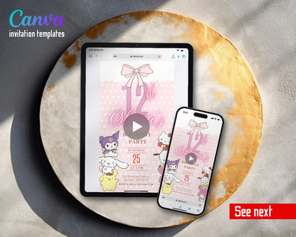 My Melody Hello Kitty Sanrio Pink Bow Polka Video Birthday Invitation | Animated Evite | Editable Canva