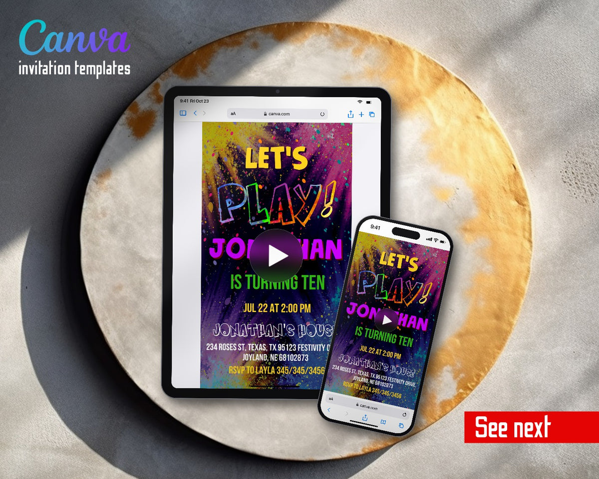 Play Party Gamer Rainbow Paint Powder Video Birthday Invitation | Animated Evite | Editable Canva