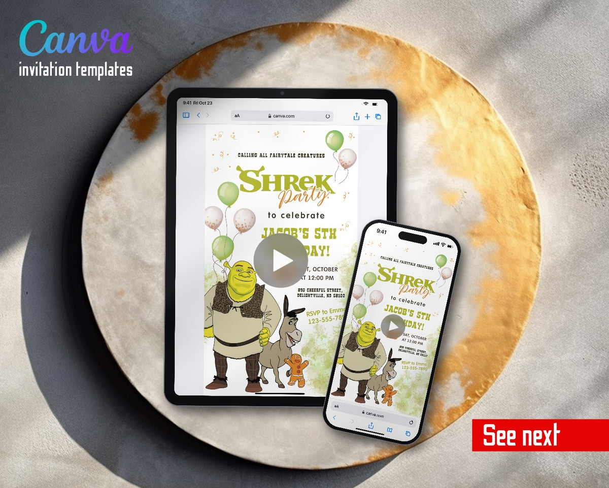 Shrek Donkey Balloons Video Birthday Invitation | Animated Evite | Editable Canva