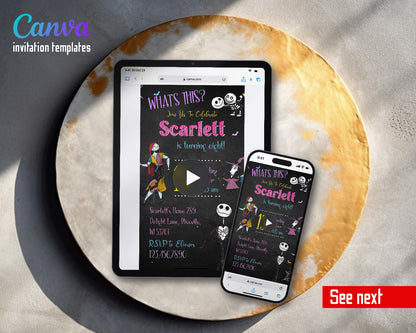 The Nightmare Before Christmas Halloween Chalkboard Jack Sally Video Birthday Invitation | Animated Evite | Editable Canva