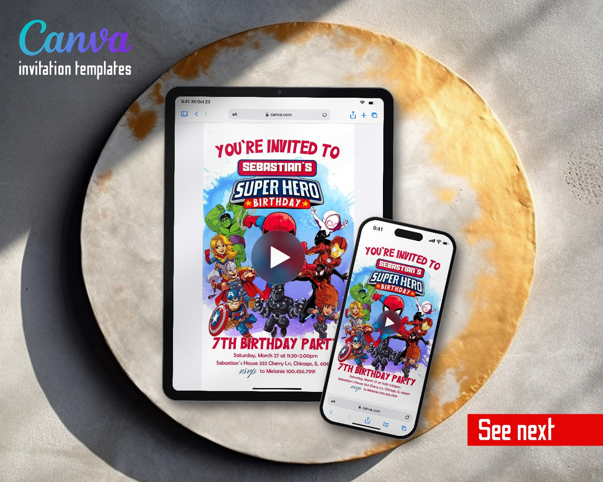 Avengers Chibi Heroes Watercolor Splash Video Birthday Invitation | Animated Evite | Editable Canva